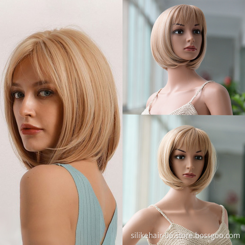 Ombre Ash Blonde Color Machine Made Short Bob Wigs With Bangs For Black Women Daily Use Heat Resistant Synthetic Wig
